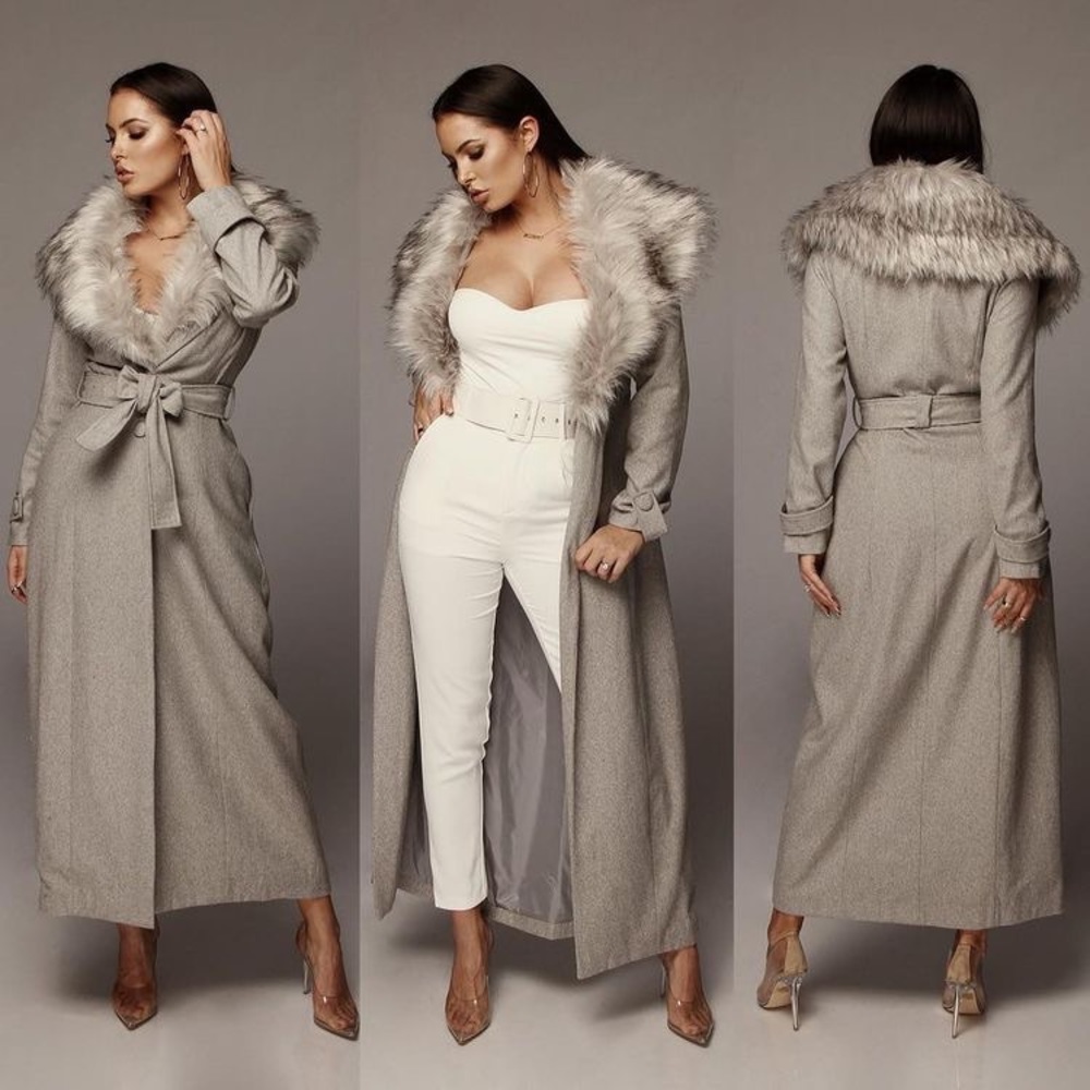 Long sleeve gray trench coat with fur - sold out everywhere! Brand New